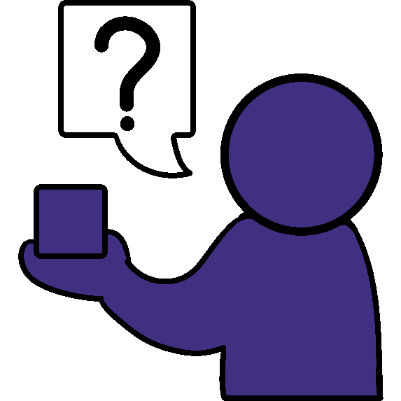 A purple person holding up a square, with a speech bubble with a question mark coming from them.
